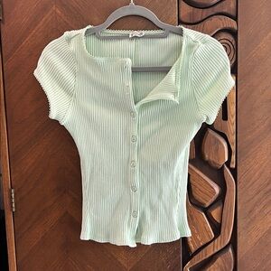 Free People Light Green Ribbed Blouse